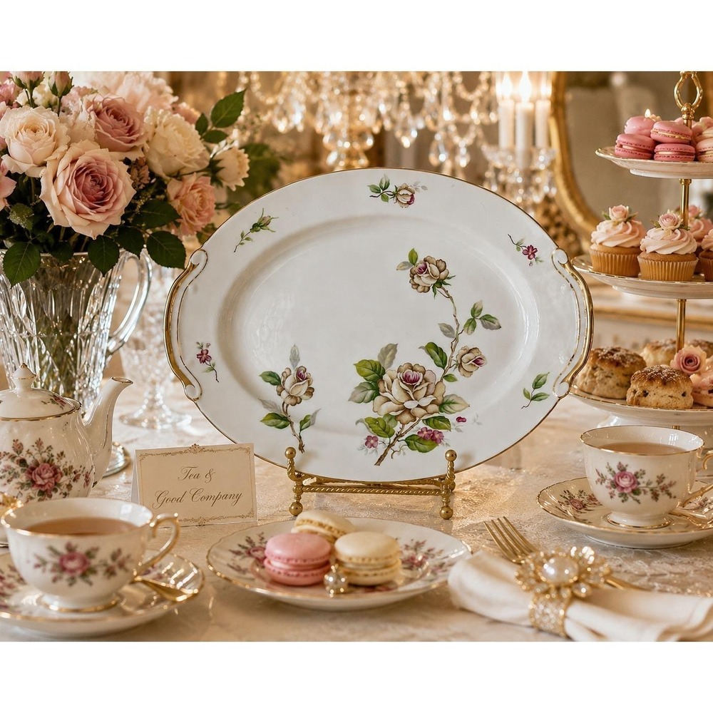 Vtg China Platter Gold Trim Oval Cottage core Grannycore Lynmore Golden Rose MCM